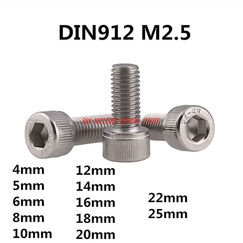 100pcs Din912 M2.5 Metric Thread 304 Stainless Steel Hex Socket Head Cap Screw Bolts M2.5*(4/5/6/8/10/12/14/16/18/20/22/25) Mm