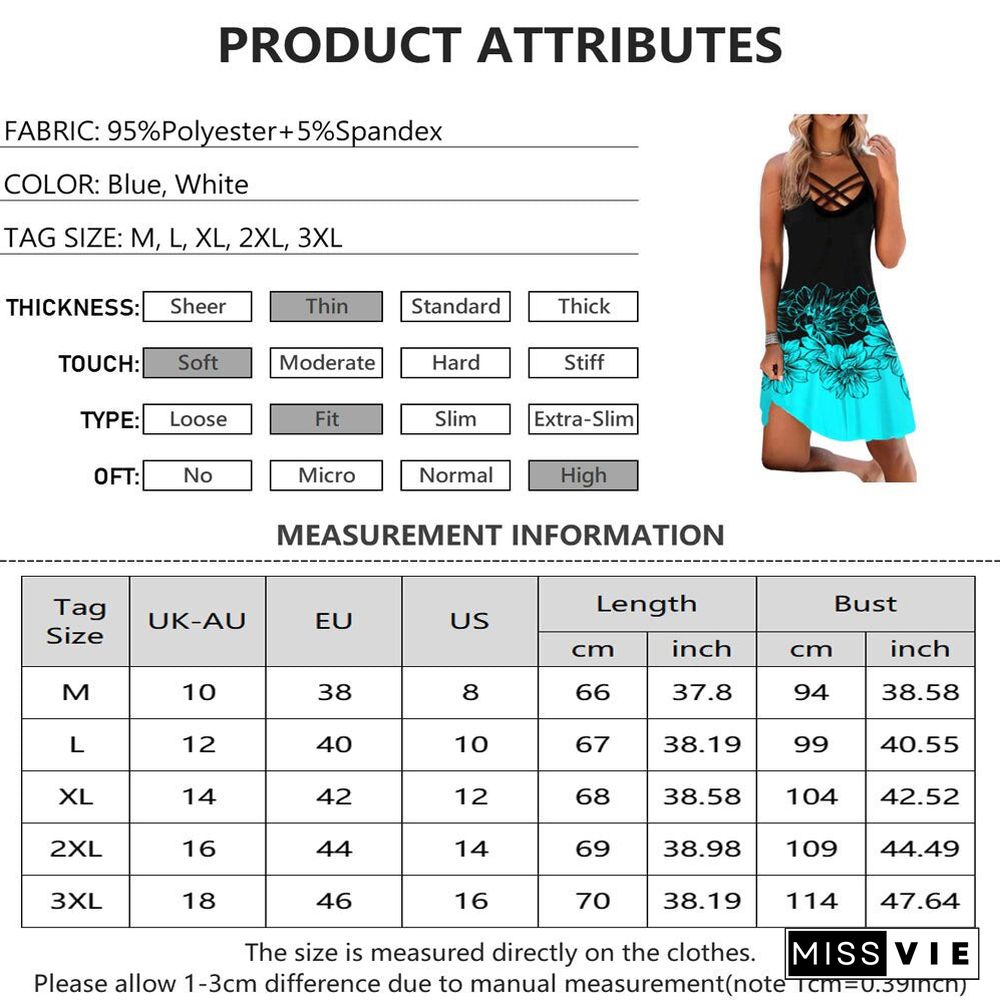 Summer New Women Halter Mini Dress Sexy Sleeveless Beach Dress Ladies Cross O Neck Sundress Vacation Floral Print Clothes D30