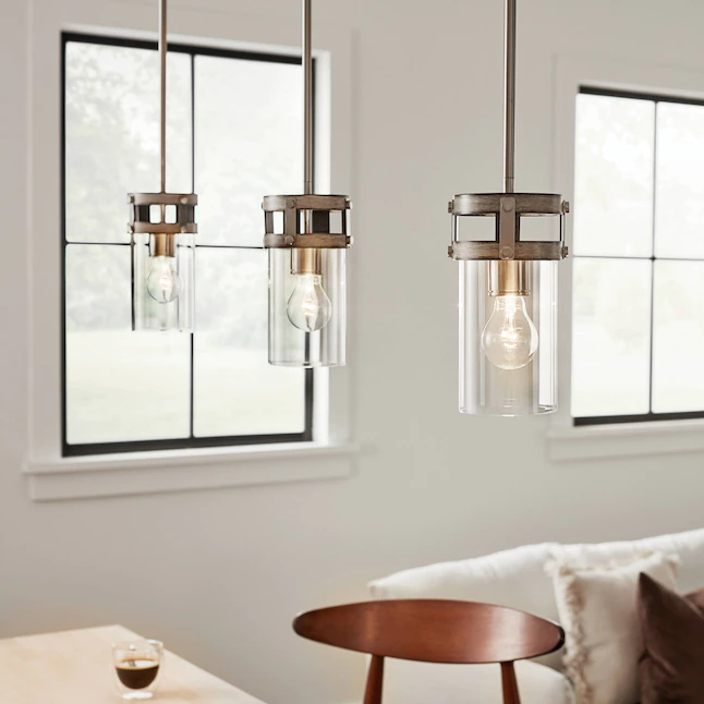 Kichler 82326 Stetton Anvil Iron and Distressed Antique Grey Rustic Clear Glass Cylinder Mini Pendant Light