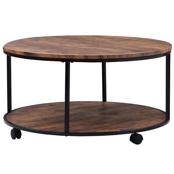 Wooden 2-tier Round Coffee Table with Caster Wheels