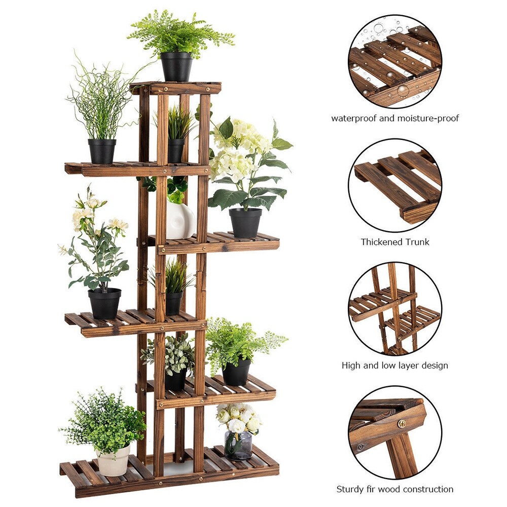 Costway 6 Tier 11 Pots Wooden Plant Flower Display Stand Wood Shelf   29.5'' X10'' X55.5''