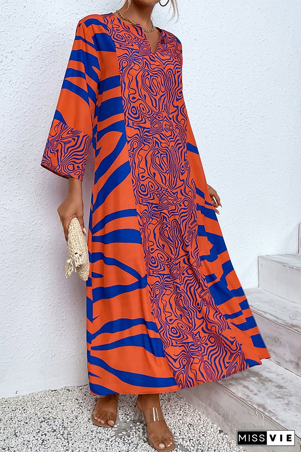 V Neck Orange Oversize Printed Maxi Dress