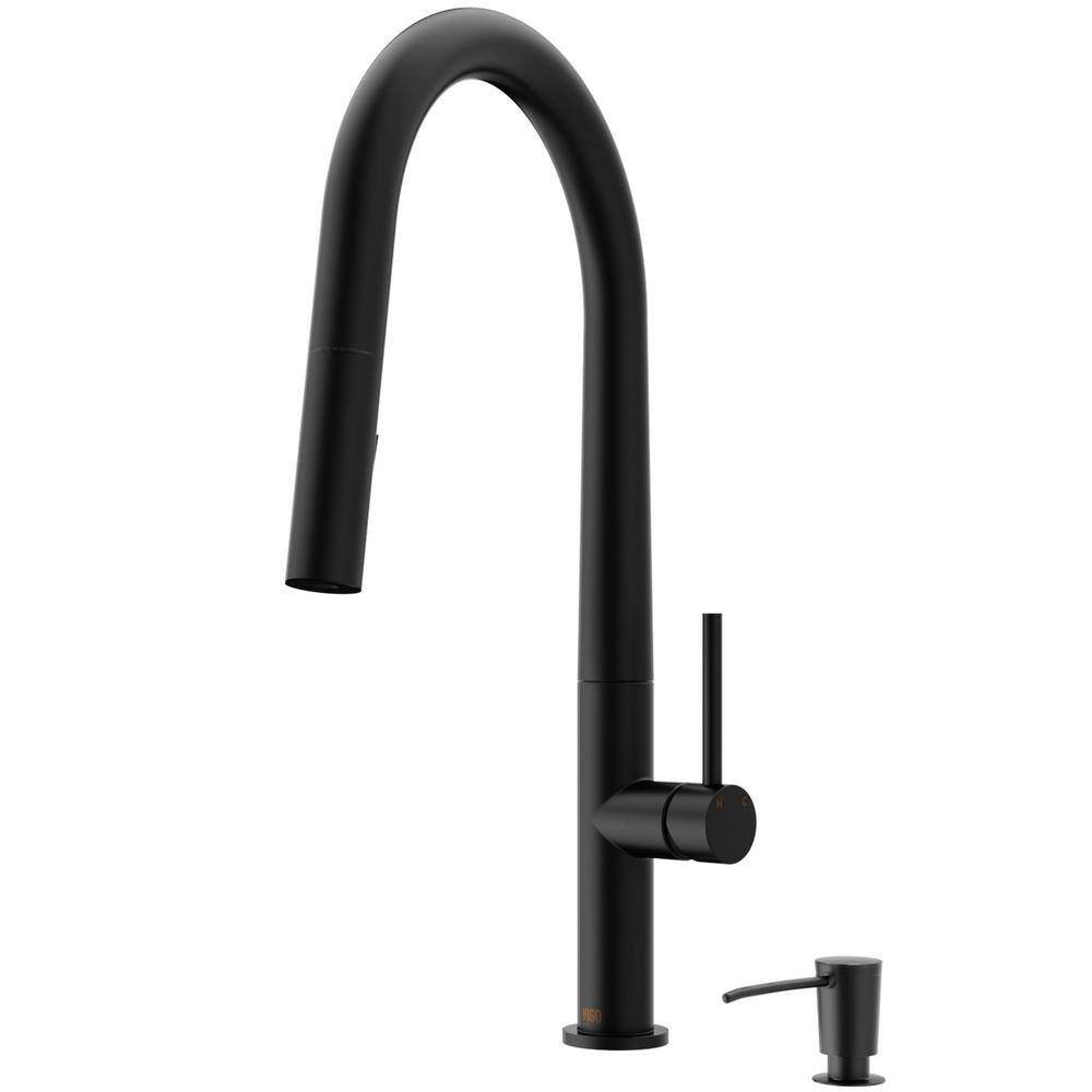 VIGO Greenwich Single Handle Pull-Down Sprayer Kitchen Faucet Set with Soap Dispenser in Matte Black VG02029MBK2