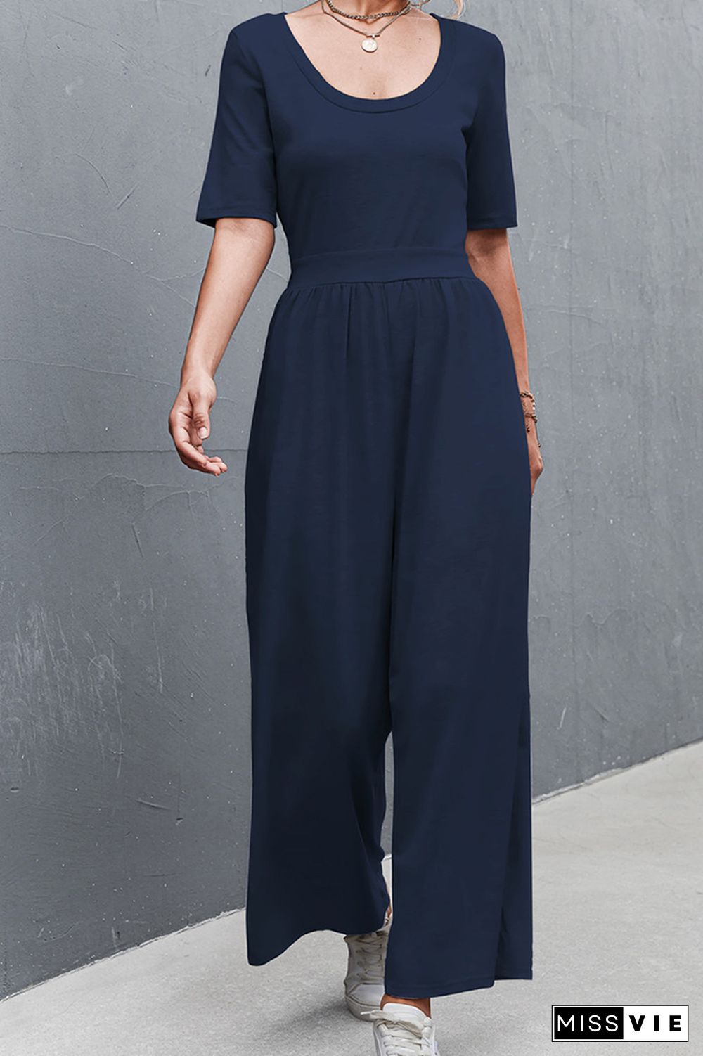 Solid Color Short Sleeve Wide Leg Jumpsuit Wholesale