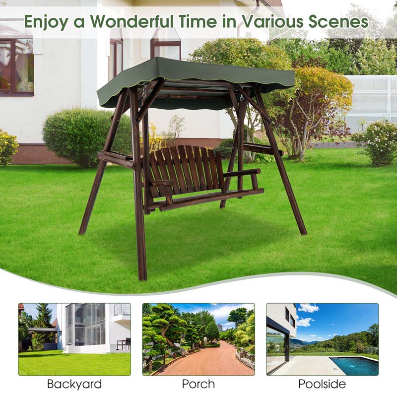 2-Person Wooden Porch Swing with Adjustable Canopy, A-Frame Outdoor Patio Swing Bench Chair