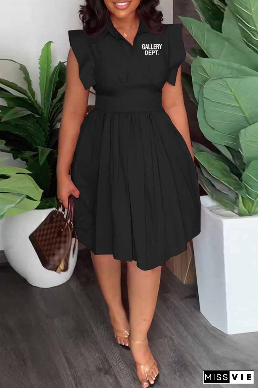 Black Casual Print Letter Turndown Collar Waist Skirt Dresses