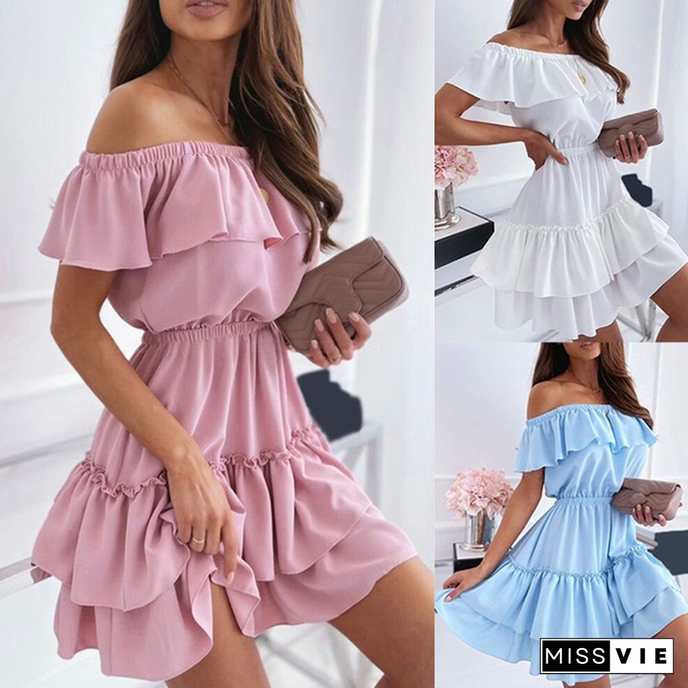 Slash Neck Elegant Dresses for Women Ruffles Decor Patchwok Summer Party Dress Vestidos Ladies Dresses