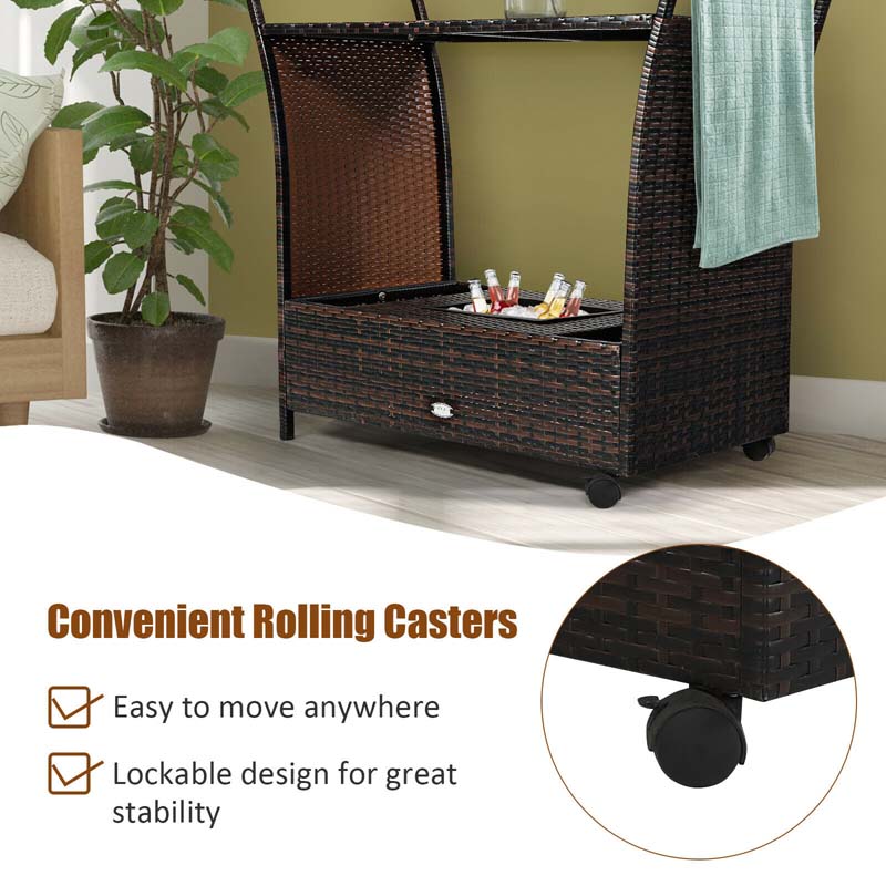 Outdoor Wicker Bar Cart Patio Wine Serving Cart Rolling Rattan Beverage Bar Counter Table with Glass Top & Ice Bucket