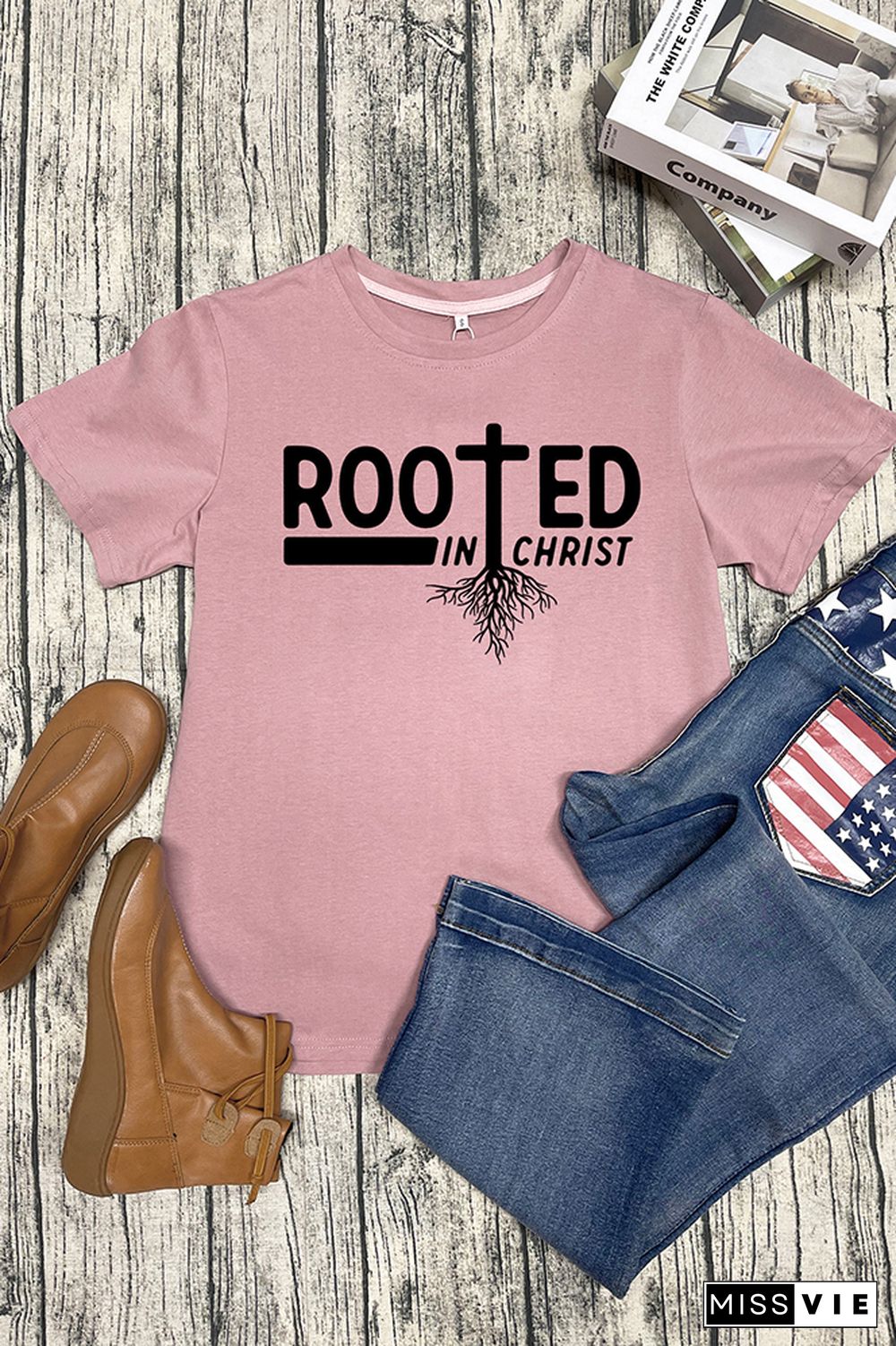 Rooted In Christ Printed Graphic Tees for Women Wholesale Short Sleeve T shirts Top