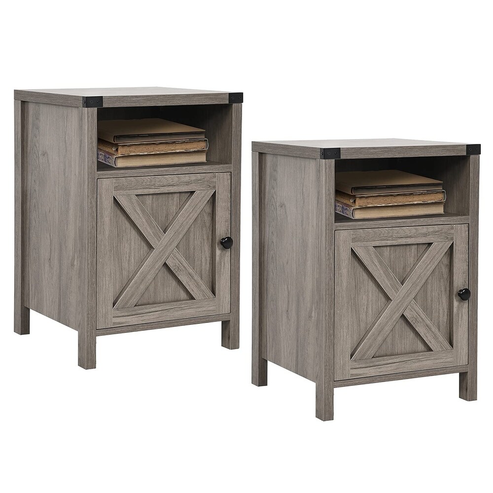 Farmhouse Nightstand  End Table  Side Table  Set of 2 End Table with Barn Door and Shelf  Modern Bed Side Table End Table