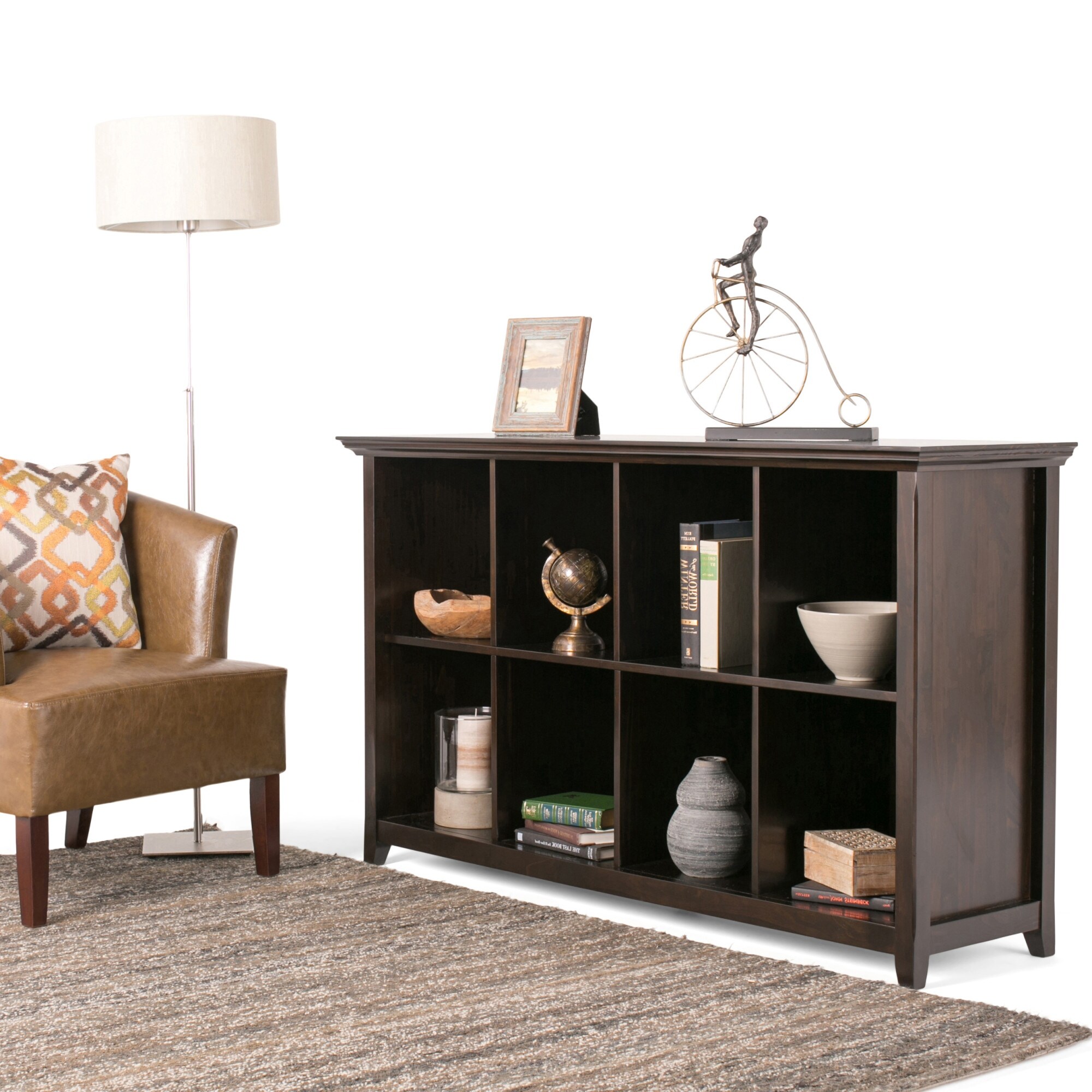 WYNDENHALL Halifax SOLID WOOD 57 inch Wide Transitional 8 Cube Bookcase Storage Sofa Table in Hickory Brown - 57 inch Wide