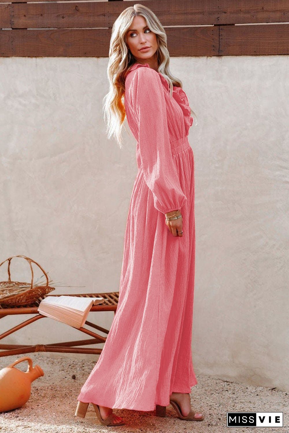 Ruffled V Neck Empire Waist Maxi Dress