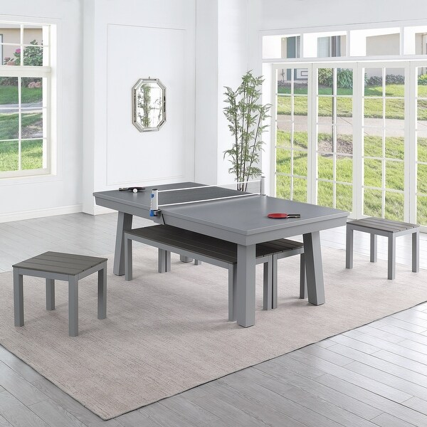 Newport Outdoor Patio 7ft Slate Pool Table 6Seater Dining Set with 4 Benches and Accessories，Cement Finish