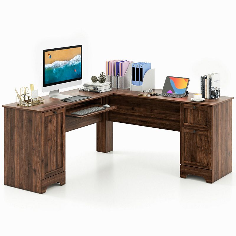 L-Shaped Office Desk with Storage Drawers and Keyboard Tray