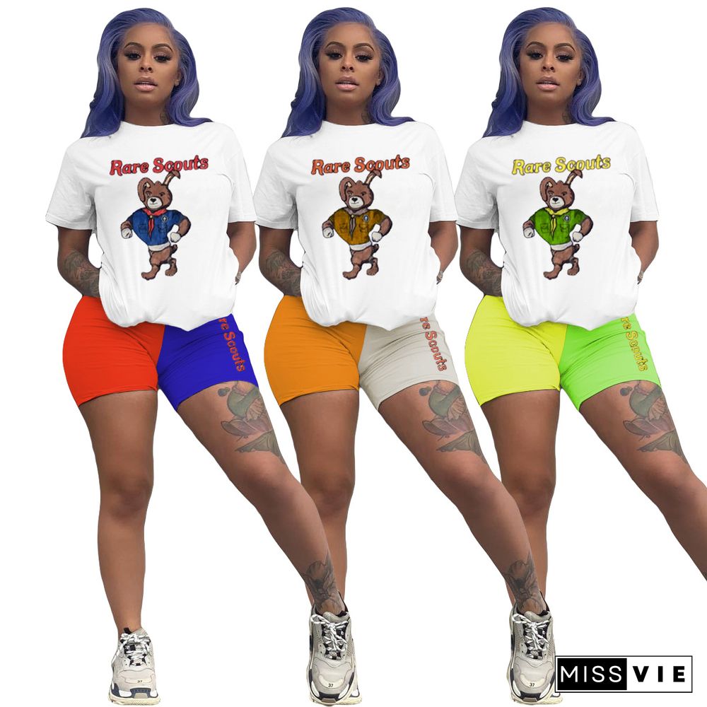 Cartoon Print Short Sleeve Two-Color Shorts Two-Piece Set