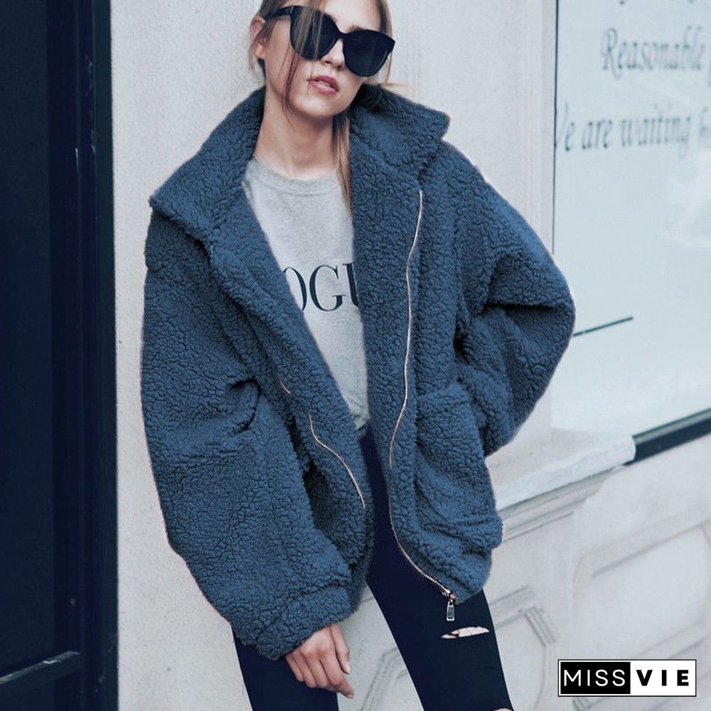 Elegant Faux Fur Coat Women Autumn Winter Thick Warm Soft Fleece Jacket Female Pocket Zipper Overcoat Bear Teddy Coat 3XL