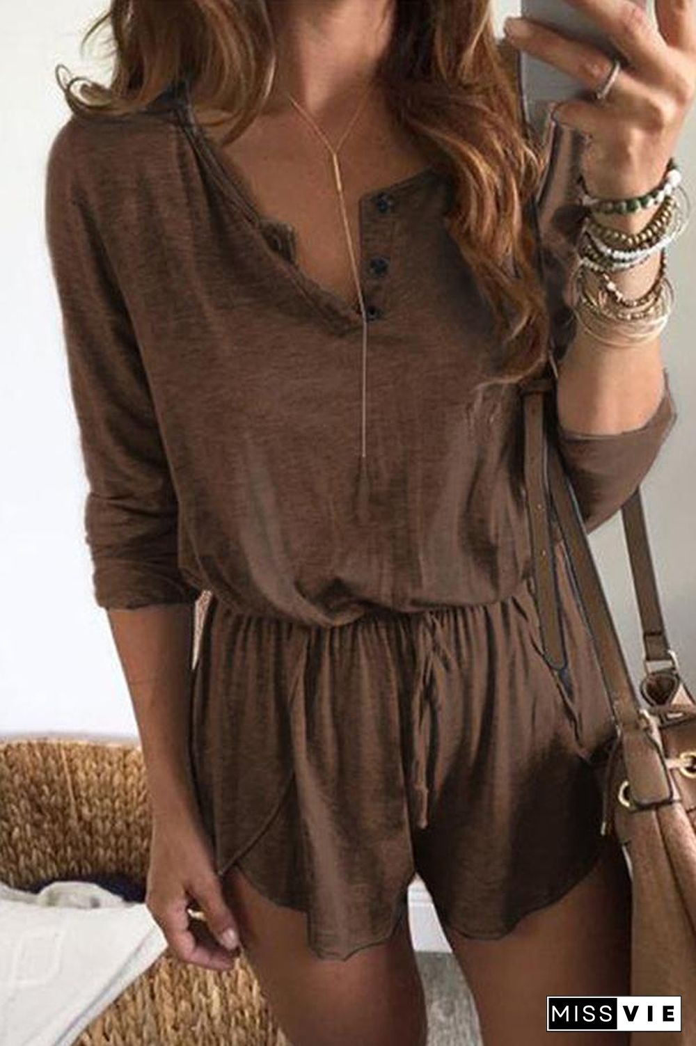 Solid Color Long Sleeve Tie Waist Romper P15011