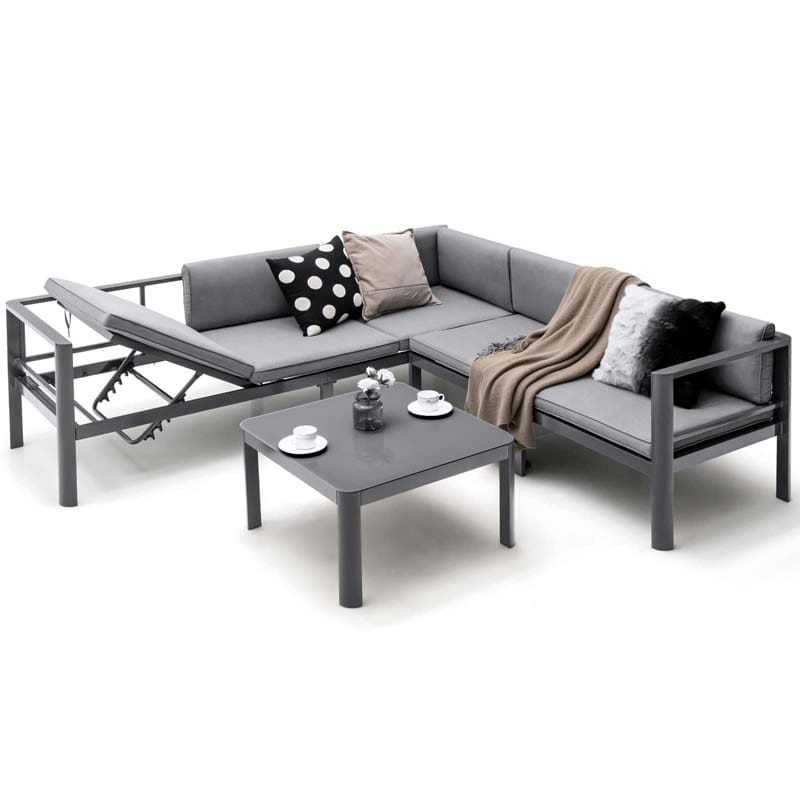 3 Pcs Aluminum Patio Furniture Set with 6-Level Adjustable Backrest, Outdoor Sectional Sofa Set with Cushions