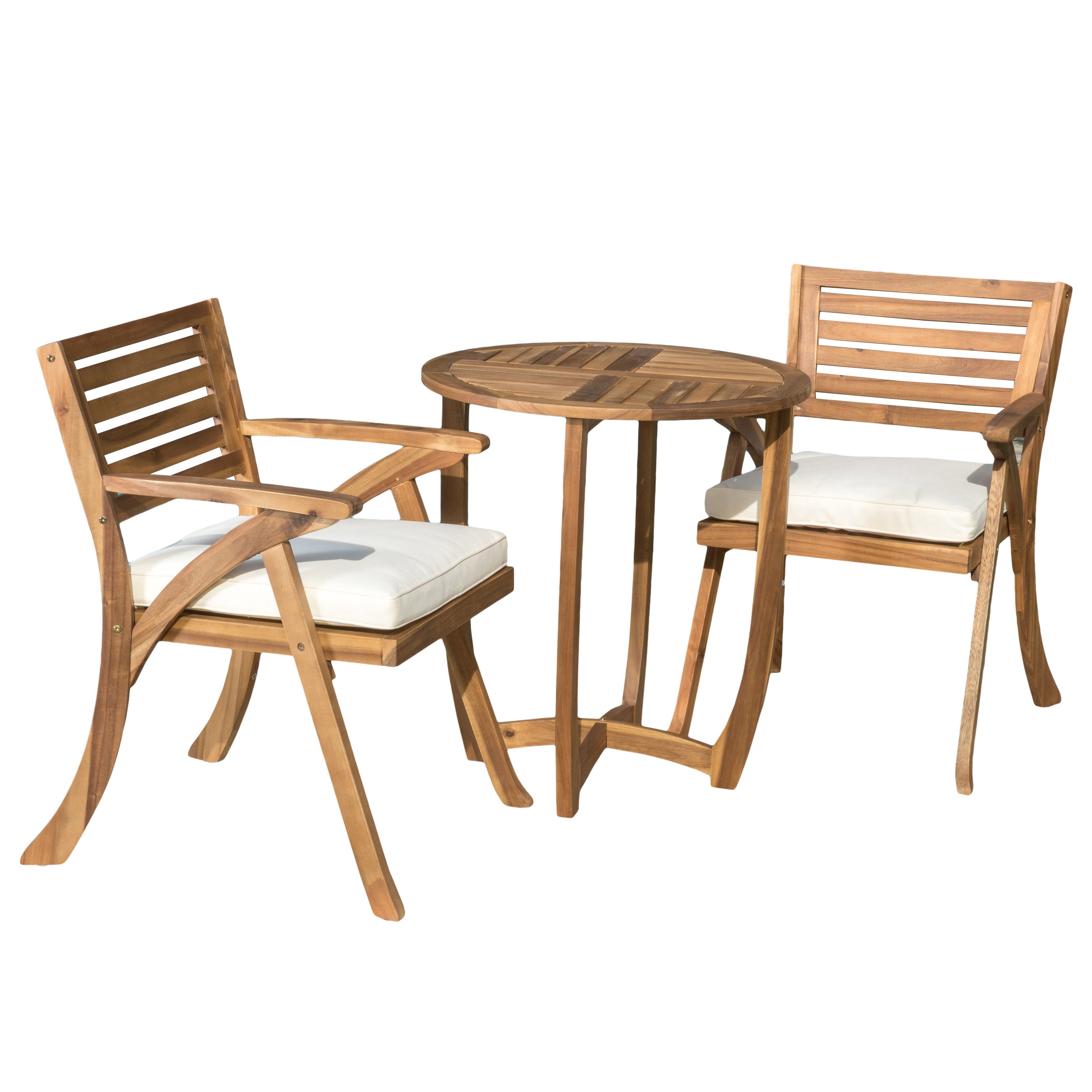 CoastSide Outdoor 3-Piece Teak Finish Acacia Wood Bistro Set with Cream Cushions