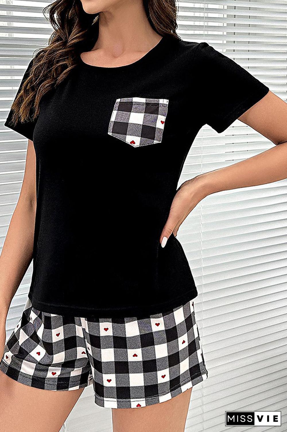 Black Plaid Pockets Short Sleeves Top With Shorts 2pcs Lounge Set