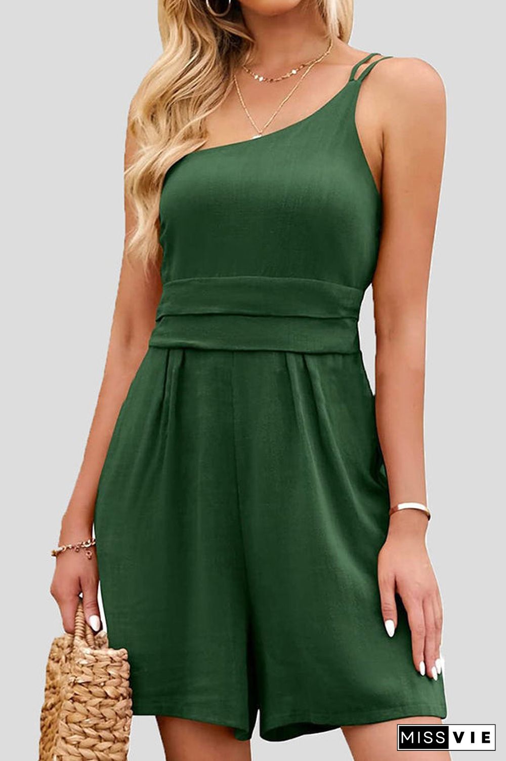 Solid One Shoulder Backless Romper