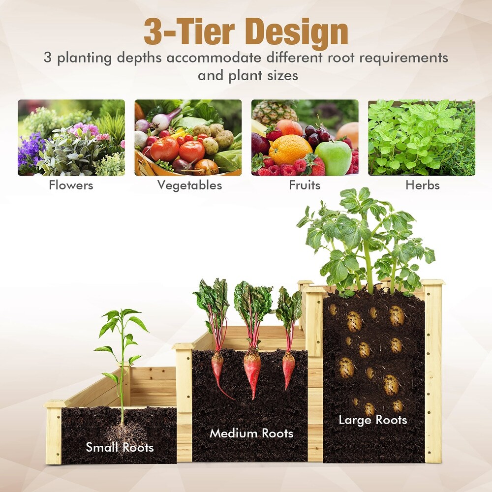 Costway 3 Tier Raised Garden Bed Wood Planter Kit for Flower Vegetable   48'' x 48'' x 22''