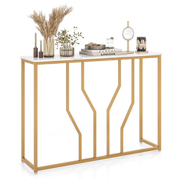 Gold Console Table With Faux Marble Tabletop Golden Metal Frame For Entrance