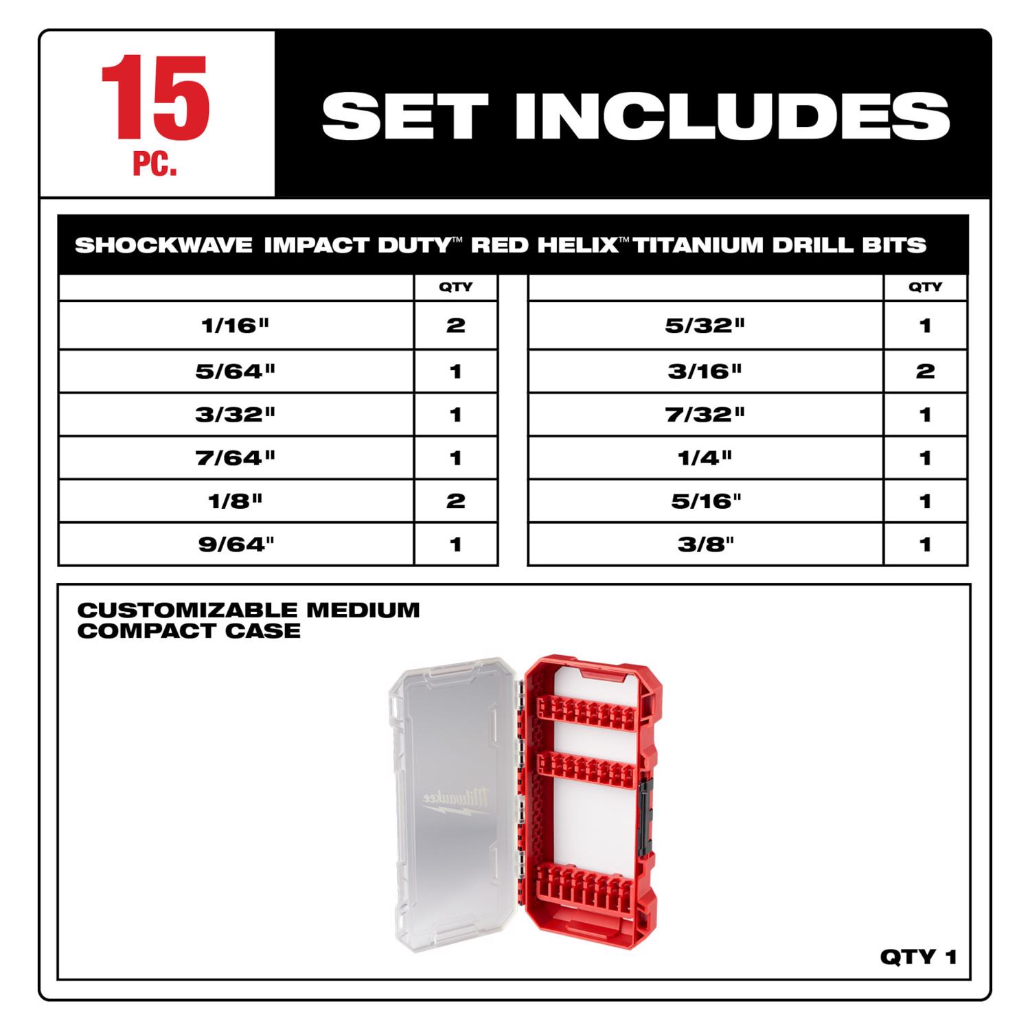 MW Shockwave Steel Impact Rated Drill Bit Set 15 pc