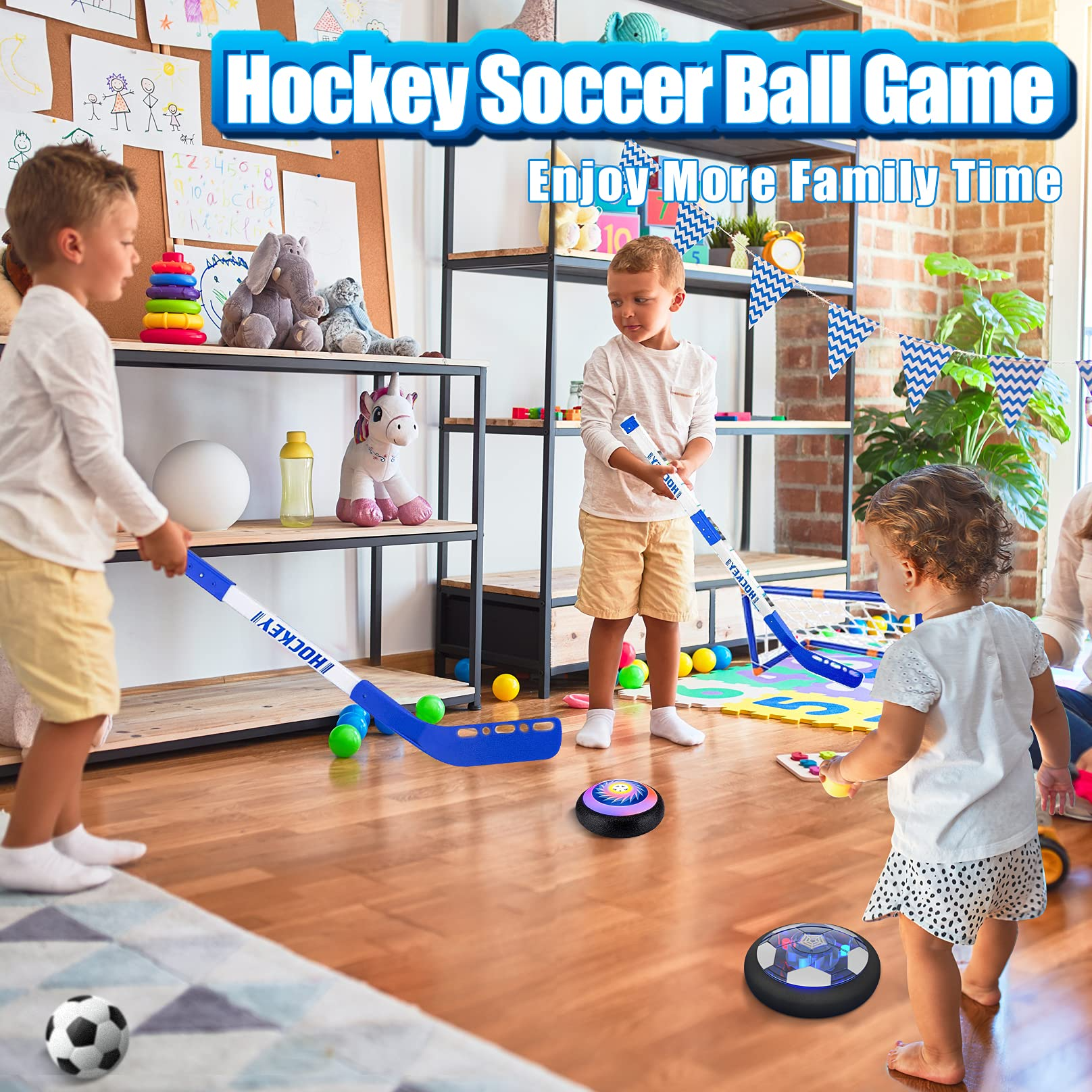 Hot Bee Hover Soccer Hockey Ball Set, 2 in 1 LED Rechargeable Soccer with 2 Goals Indoor/Outdoor Games Toys for Kids Boys Girls Ages 3+