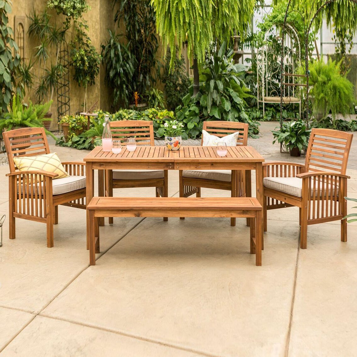 Ultimate Patio Horizon Way 6 Piece Brown Acacia Patio Dining Set W/ 60 X 34 Inch Rectangular Table and Natural Cushions