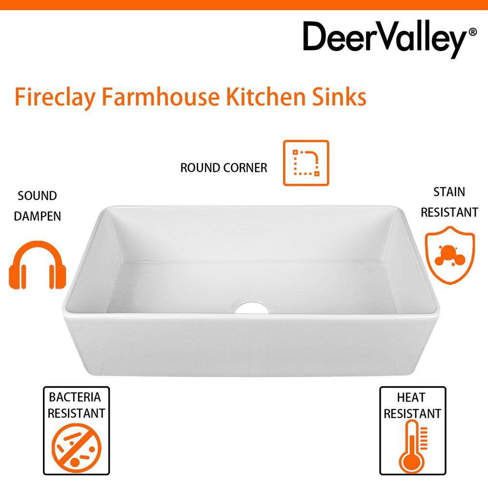 DEERVALLEY Grove White Fireclay 36 in. L x 18 in. W Rectangular Single Bowl Farmhouse Apron Kitchen Sink with Grid and Strainer DV-1K505