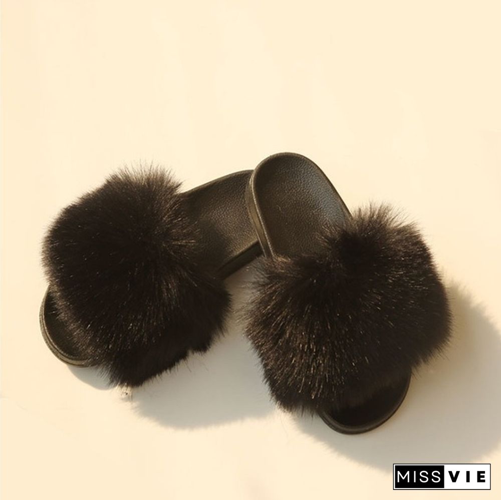 Women New Fashion Fluffy Faux Fur Slippers Sandals Indoor Outdoor Plush Slides Home Flat Shoes