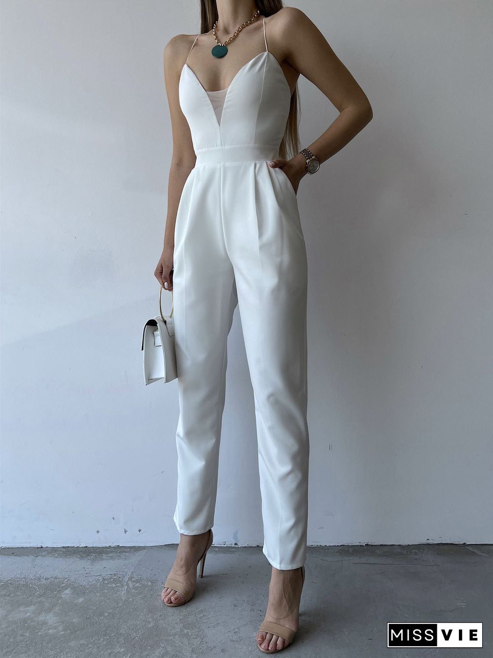 Women'S Jumpsuits Sling V-Neck Open Back Slim Fit Jumpsuit