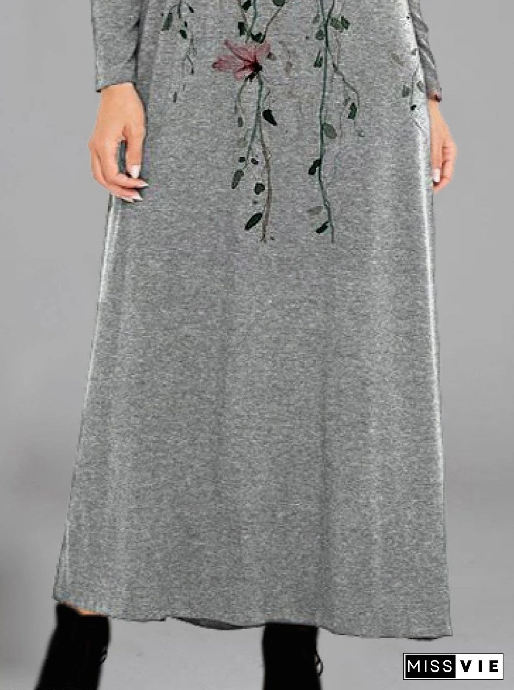 Casual Floral Print Crew Neck Long Sleeves Maxi Dress