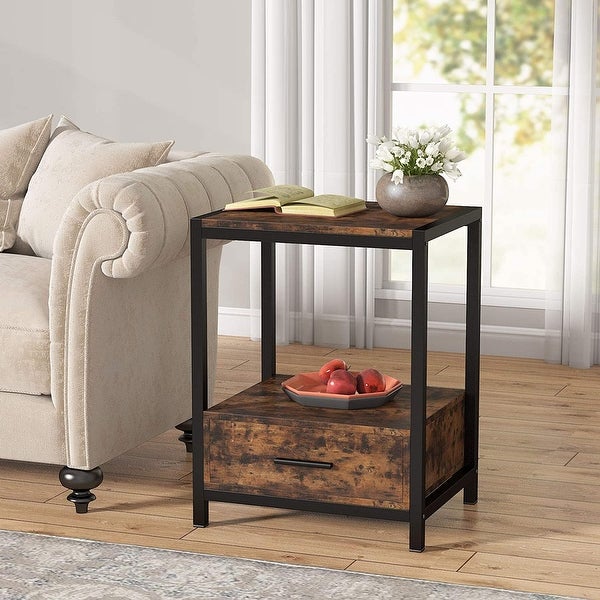 Industrial End Table with Drawer and Storage Shelves， Side Table and Nightstands