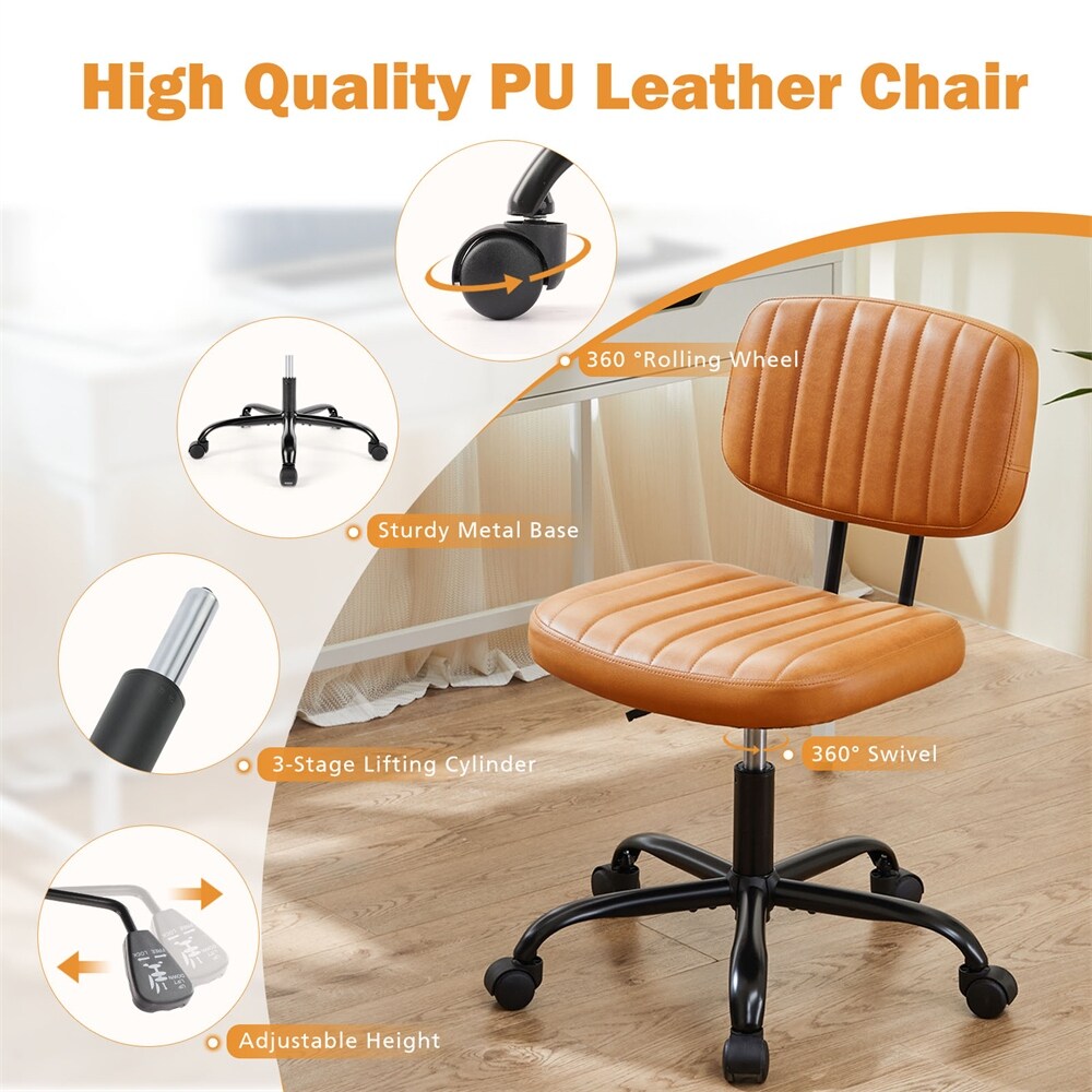 Height Adjustable Leather Low Back Home Office Chair with Wheels   N/A