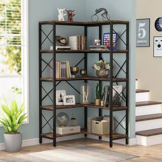 BYBLIGHT Eulas 65.74 in. BlackBrown Engineered Wood 5-Shelf Standard Corner Bookcase with Storage Display Rack for Living Room BB-JW0173XF