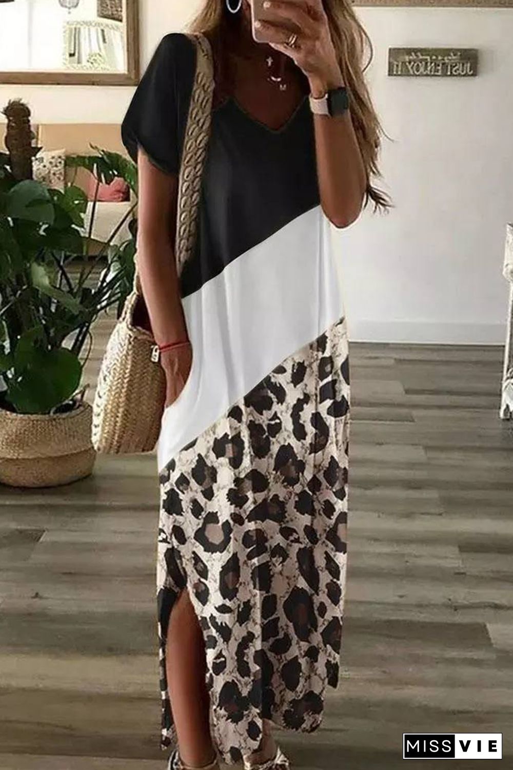 Black Leopard Color Block Side Slit T Shirt Maxi Dress