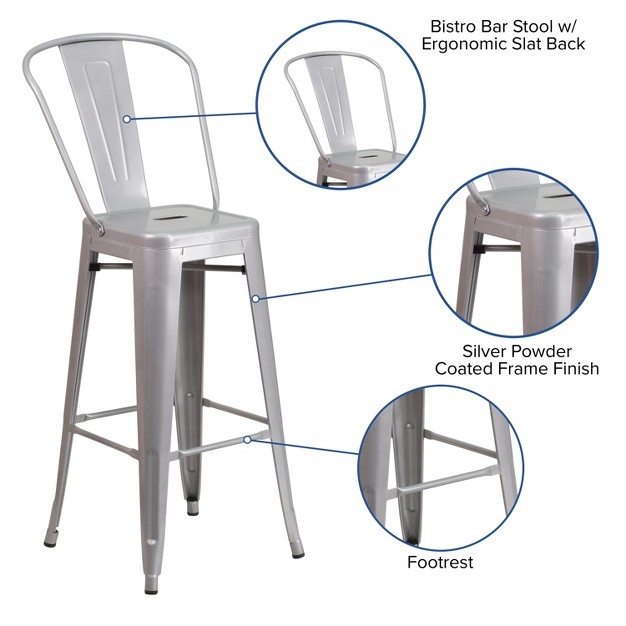 Emma And Oliver Commercial Gradeh Silver Metal Indoor outdoor Barstool With Back