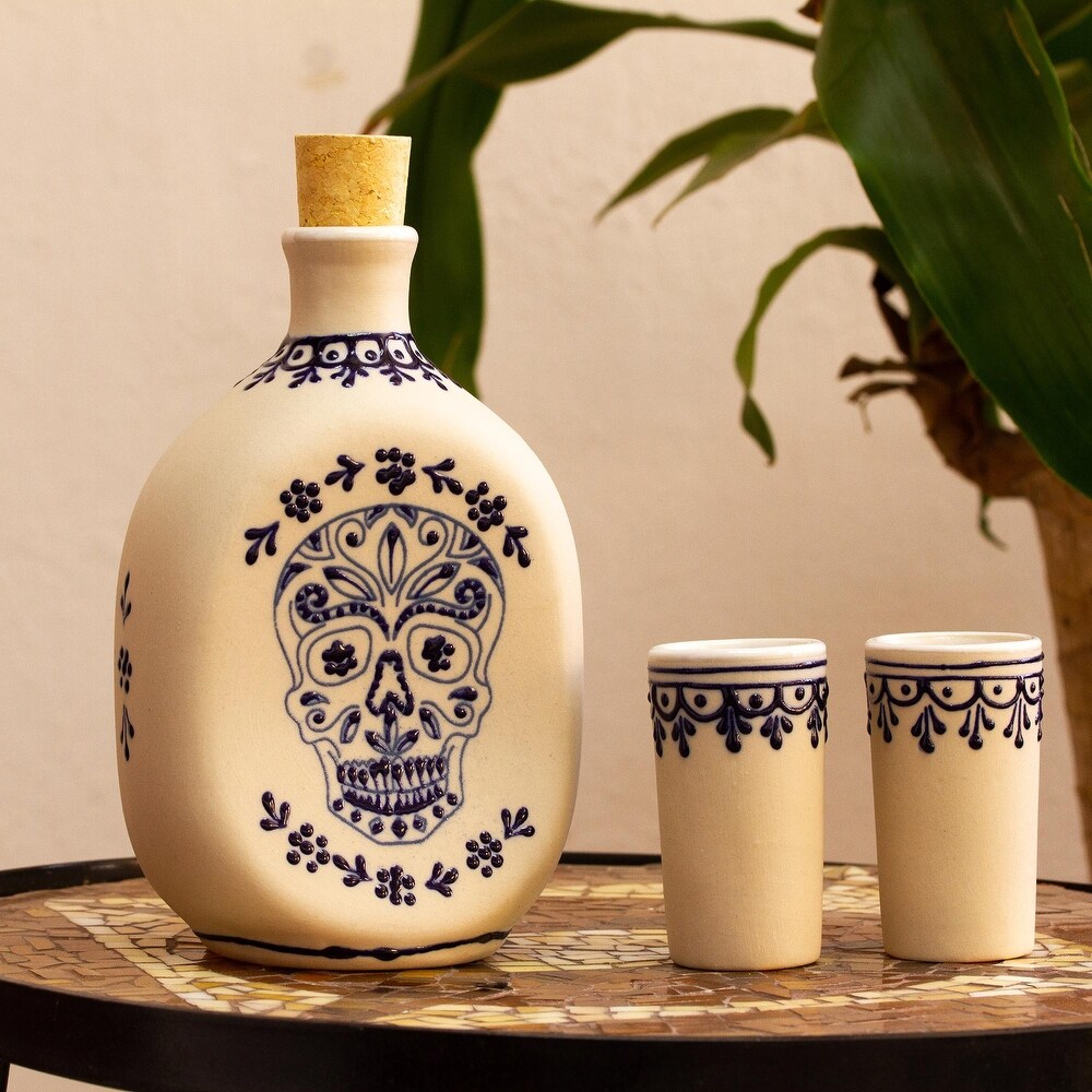 NOVICA Artisan Handblown Ceramic Tequila Decanter Beige Talavera Style Mexican Glasses 'Traditional Spirit'(Set of 3)