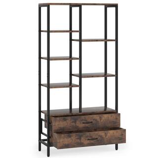 BYBLIGHT Eulas 66.9 in. Rustic Brown Wood 7-Shelf Standard Bookcase 2-Drawers Home Office 31.49 in. W x 11.81 in. D x 66.92 in. H BB-JW0245DT