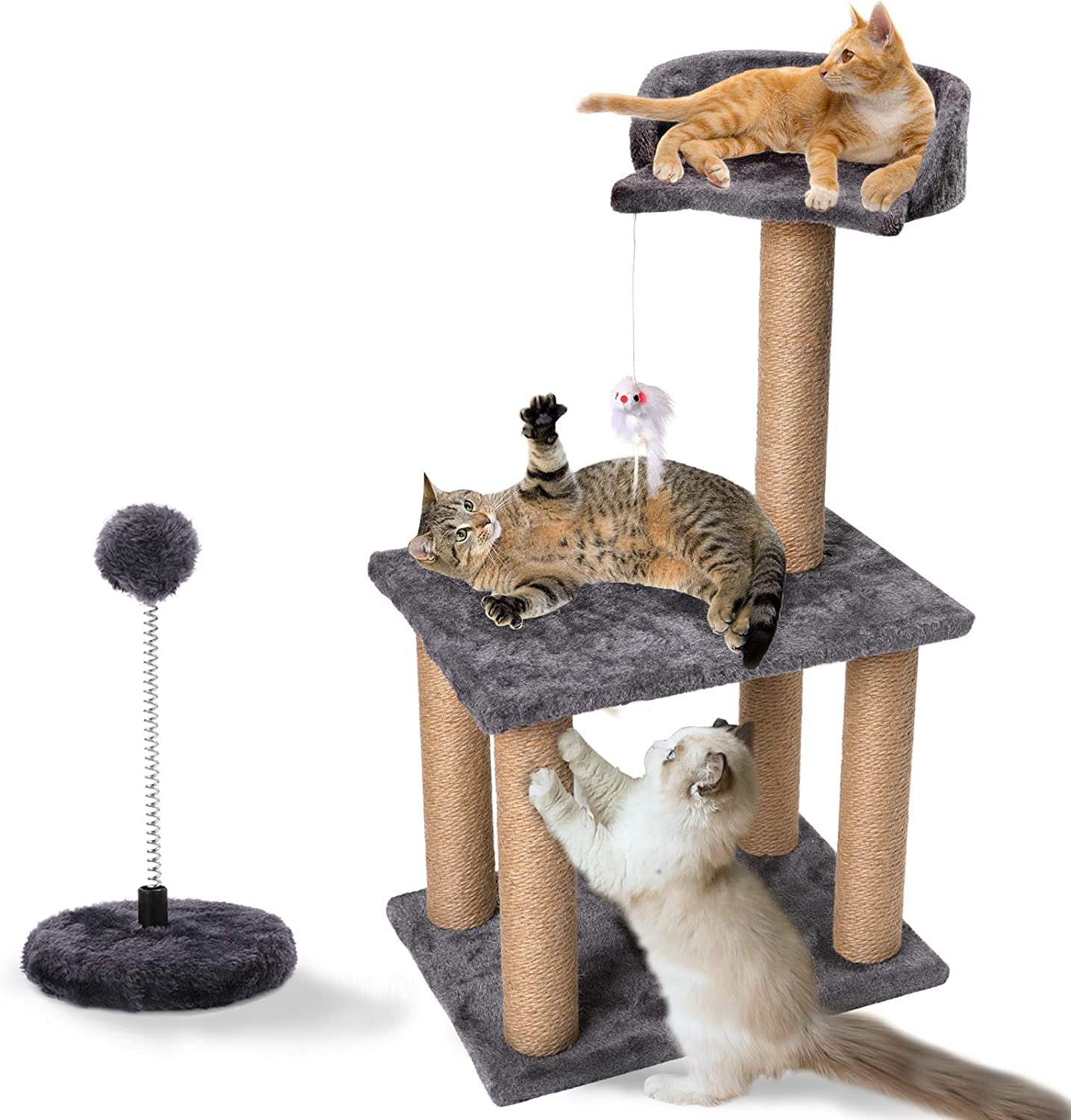 PinkSheep 3 Tier Cat Tree Tower Scratching Post Climber with Sisal Toys and Cat Perch Bed for Small Medium Cats Gray