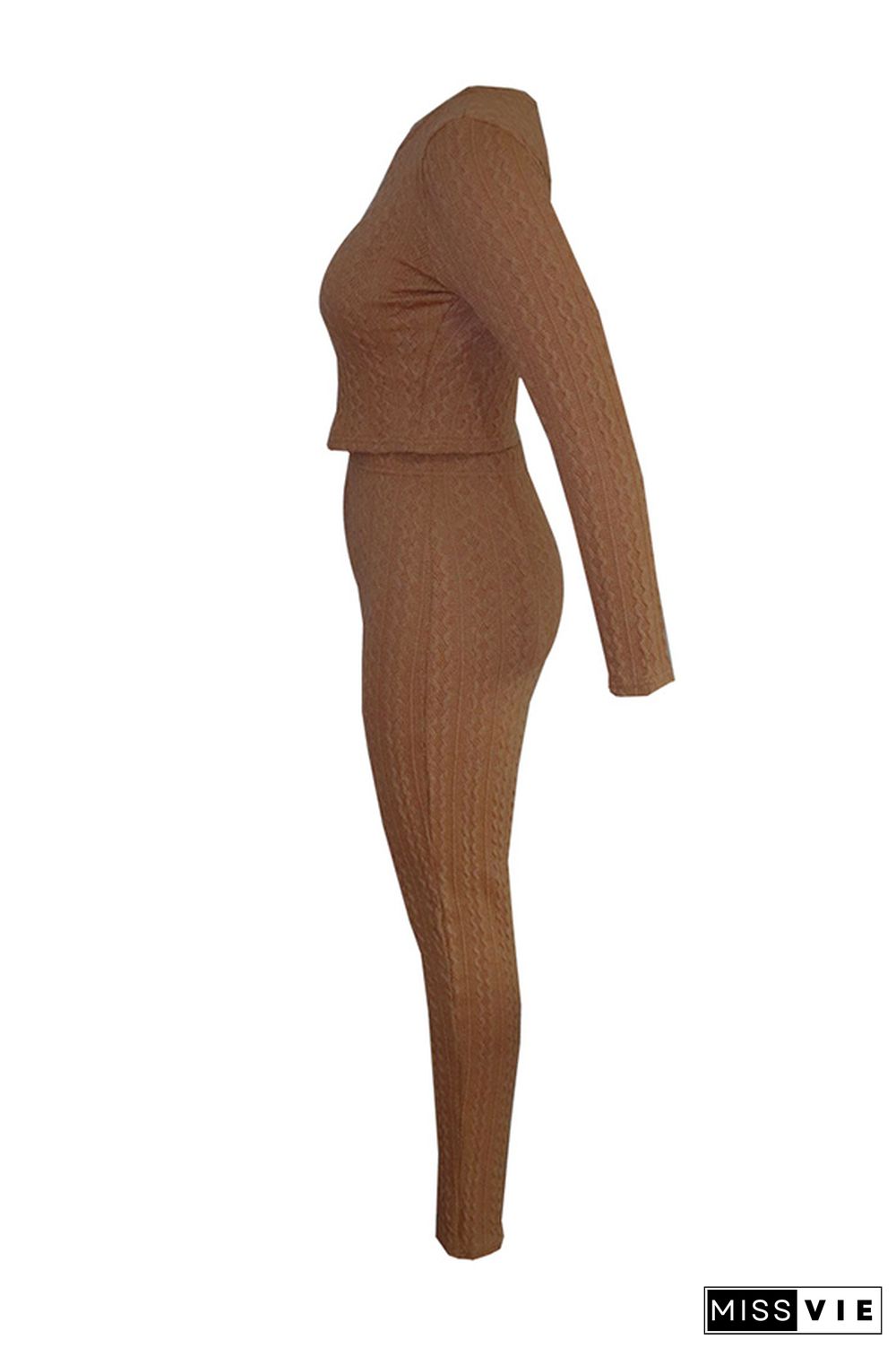 Coffee Elastic Fly Long Sleeve Mid Solid pencil Pants Two-piece suit