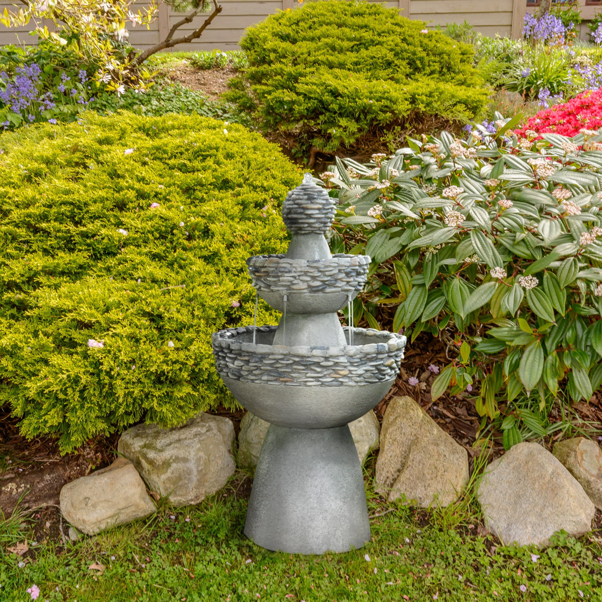 Teamson Home Outdoor Stone-Look 3-Tier Pedestal Floor Fountain， Gray