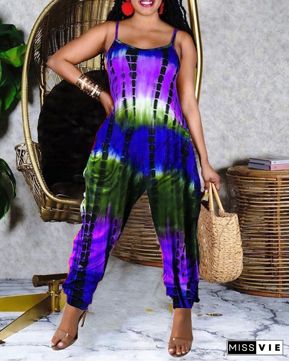 Tie Dye Print Pocket Design Casual Jumpsuit