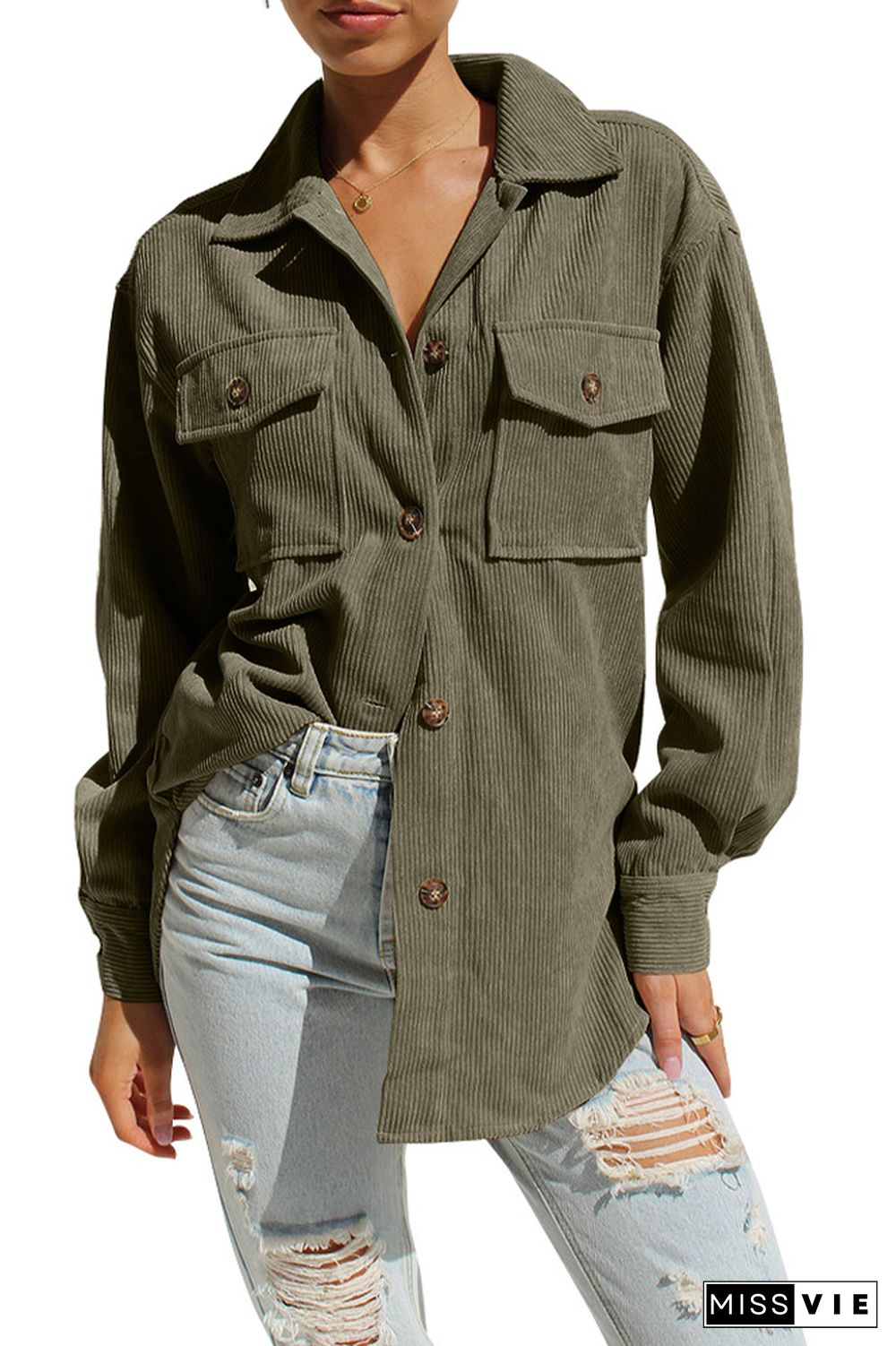 Plain Button Up Pockets Corduroy Jacket