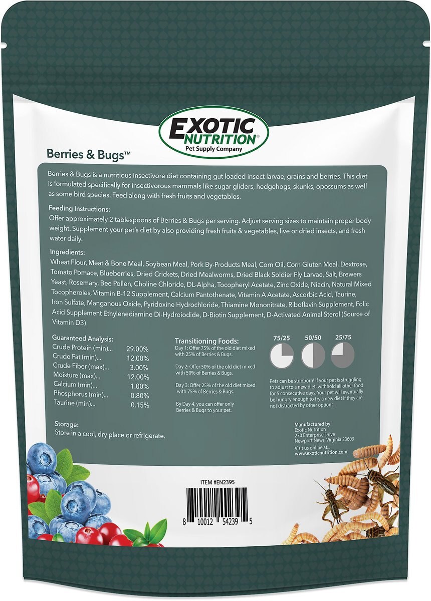 Exotic Nutrition Berries and Bugs Sugar Glider and Hedgehog Food， 1.5-lb bag