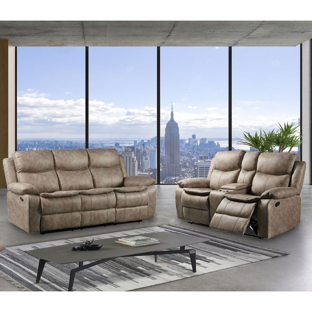 Roundhill Furniture Ensley Faux Leather Reclining Sofa and Loveseat in Sand Finish