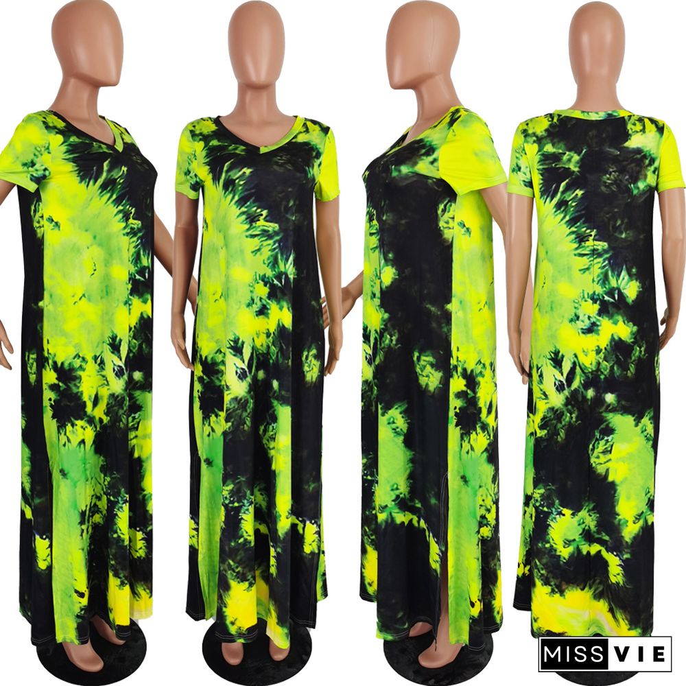 Sexy Tie-Dye Short Sleeved V-Neck Slit Maxi Dress