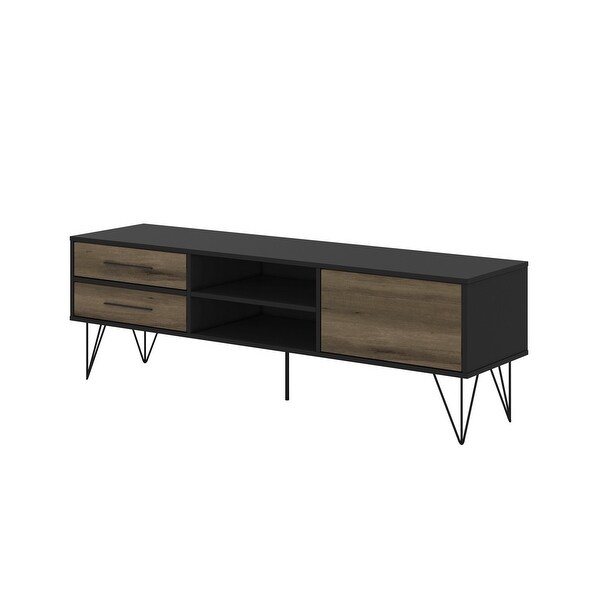 60 Inch Wood and Metal 1 Door TV Entertainment Stand with 2 Drawers， Brown and Black